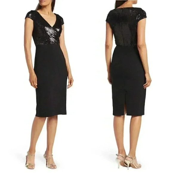 NWT Dress the Population Sequin Surplice Cap Sleeve Sheath Dress in Black - Picture 1 of 6